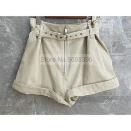 ss Woman Cotton Linen Shorts High WAIST Oversized Short Zipper Front Waist Buckle Belt With Pockets Roll Hem 210611