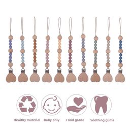 Natural Heart Wooden Baby Pacifier Chain Silicone Dummy Holder Clips Food Grade Soother Newborn Teeth Practise Toys Teething Beads M3752