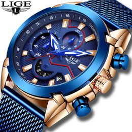 LIGE Mens Watches Top Brand Luxury Clock Military Waterproof Sport Chronograph Quartz Watch 210527