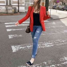 Elegant Woman Red Tweed Blazer Coat Spring Fashion Ladies Double breasted Jacket Female Vintage Streetwear Outwear 210515