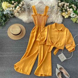 Summer Women's Two-piece Sling Pleated Wide-leg Jumpsuit + Stand-up Collar Short-sleeved Cardigan Female Shirt LL025 210506