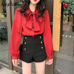 Neploe Autumn Chic Bow Drawstring Stand Collar Shirt Fashion 2021 All-match Femme Blusas Solid Color Elegant Women Blouses 210317