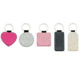 Sublimation Key Ring Shiny PU Leather Keychain Party Round Heart Rectangle Square Blank Christmas Ornaments