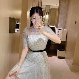 LLZACOOSH Fashion Women's Summer Mesh Lace Dress High-End Short Sleeve Stand Collar Dot Mini White Party Dresses Vestido 210514