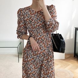 Women's Small Floral Summer Dress Ladies O Neck Long Sleeved Spring Smmer Slim Midum Length Chiffon Dresses For Fashion 210520