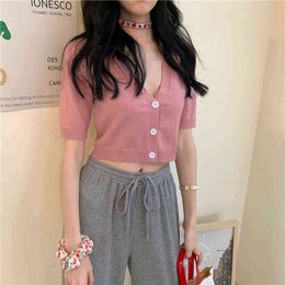 Woman TShirts Candy Color V-neck Short T-shirt Female Summer Knitted Short-Sleeved Shirt Crop Top Mujer Camisetas G220228