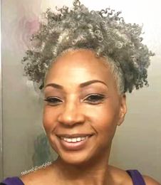 Real human hair Grey ponytail kinky curly drawstring clip in silver grey afro pony tail puff salt and pepper hairpiece 120g