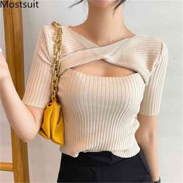 Criss-cross Knitted Pullover Sweater Women Summer Short Sleeve Hollow Out Tops High Street Korean Sexy Ladies Jumpers Femme 210513