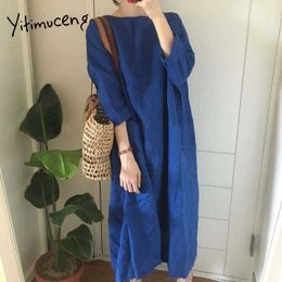 Yitimuceng Midi Dresses Women Summer Oversize Sundress Unicolor Gray Blue Yellow Korean Fashion Loose Waist O-Neck Dress 210601