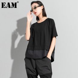[EAM] Women Black Big Size Casual Irregular Spliced T-shirt Round Neck Half Sleeve Fashion Spring Summer 1DD8522 210512