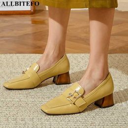 ALLBITEFO size 34-42 real genuine leather women heels shoes square toe kitten heels fashion casual high heels street basic shoes 210611