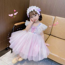 Lolita Toddler Girls Ruffles Princess Dress Tutu Kids Party Costume Sequin Spanish Bling with Headband Set 210529