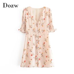 Floral Print Summer Mini Dress Women Ruffle Short Sleeve Vintage Party Sexy V Neck Buttons Beach Sundress Vestidos Mujer 210515