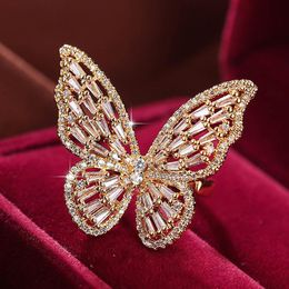 Cluster Rings Fashion Luxury Butterfly Zircon Diamonds Gemstones For Women Rose Gold & White Silver Colour Jewellery Bijoux Party Gifts