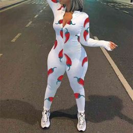 Womens Sexy Chilli Printing Skinny Rompers Long Sleeve Front Zipper O-neck Jumpsuit Outfit Streetwear Clothing Spring Autumn 210517