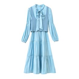 Blue Green Lace Up Collar Vintage Solid Long Sleeve Knee Length Dress Elegant Autumn Spring Chic Polarized Color D1446 210514