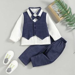 Pudcoco 3-24m 2pcs Newborn Baby Boys Autumn Clothes Sets Gentleman Suits Long Sleeve Lapel Bowtie Waistcoat Shirts Pants Outfits G1023