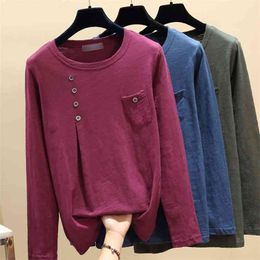 WWENN Women Casual Button T-Shirt Fashion Korea Round Neck T shirt Cotton Long Sleeve Pocket Plus Size Tops 210507