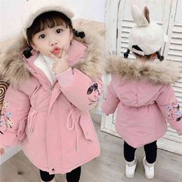 Bebê inverno meninas pele com capuz trench casacos aquecidos roupas crianças crianças menina inverno fleece jaqueta de lã parka 2 3 4 5 6 7 anos 210916