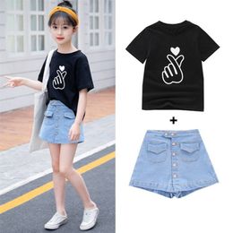 Fashion Kids Clothes Set Summer Children White/black T-shirts and Jeans Button Shorts Denim Short Sleeve Sport Suits 8 12Y 210622