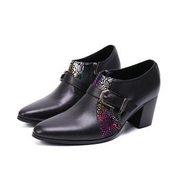 Fashion Buckle Real Leather Men Dress Shoes Increase Height Party Man Shoes High Heel Jazz Club Male Leather Shoe