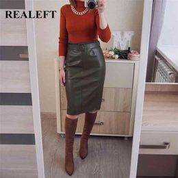 REALEFT PU Leather Wrap Midi Skirts with Belt Spring Autumn Women High Waist OL Style Pencil Back Split Female 210629