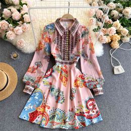 Women Fashion Retro Ins Printing Lapel Long Sleeve High Waist Slimming Holiday A-line Dress Elegant Harajuku Vestidos R786 210527