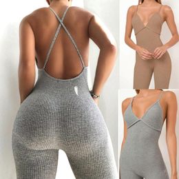 Women's Jumpsuits & Rompers 2021 Jumpsuit Women Sexy Backless Bandage Bodycon Elastic Fitness Sports Leggings Gym Workout Bodysuit