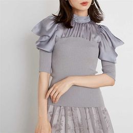 Kuzuwata Autumn Women Sweaters Jumper Stand Collar Pleated Off Shoulder Puff Sleeve Blouses Patchwork Slim Knitted Pullovers 211018