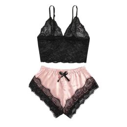 Women's Lace Cami Top with Shorts with Panties 2 Piece Set Sexy Lingerie Pyjama Set Summer V-Neck Camisole Bowknot Sleepwear A80 Q0706