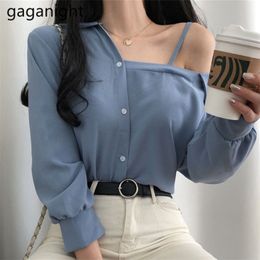 Women Spring Blouses Shirt Long Sleeve Solid Blue White Tops Off Shoulder Sling Office Elegant Shirts Female Blusas 210601