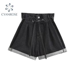 Summer Women High Waist Button Wigh Leg Jeans Shorts Waisted Vintage Casual Female Loose Fashion Fit Blue Denim 210515