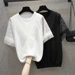 L-4XL plus size women lace shirt pullover short sleeve o neck Patchwork loose casual solid Oversized kint sweater jumper 210604
