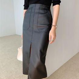 Autumn Women PU Leather Skirts High Waist Pockets Package Hip Skirt Female Front Split Zipper Midi Pencil Skirts 210721