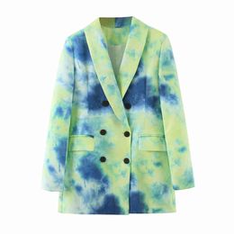 Elegant women double breasted blazer office ladies green tie-dye jackets casual female slim print suits button girls chic 210427
