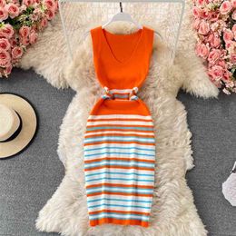 Summer Women Knitted Dress Multi-color Striped Stretch Bodycon Sexy V-neck Sleeveless Tight Fit Casual Streetwear 210603