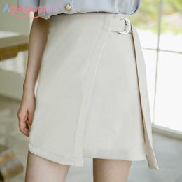 Aelegantmis Korean Casual A Line Skirt Women Lace Up High Waist Irregular Solid Mini Female Retro Sweet Preppy Style 210607