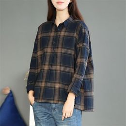 Spring Women Long Sleeve Plaid Shirt Korea Fashion Loose Turn-down Collar Shirts All-match Casual Cotton Blouses Female Tops D84 210512