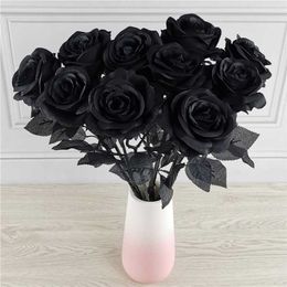 10pcs/Lot 50CM Artificial Black Rose Flower Halloween Gothic s Wedding Home Christmas Party Fake Decor 211023