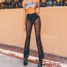 2019 Paillette Trousers Women Shinny Sparkle See Through Pants Summer Streetwear Flare Pants Beach Trousers Casual Ladies Pants Q0801