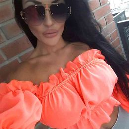 Women Ruffles Tops Slash Neck Backless Strapless Mesh T-shirts Female Pink Long Sleeve Crop Off Shoulder Tee t-shirt 210517