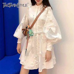 Embroidery Asymmetrical Women's Dresses Stand Collar Lantern Long Sleeve High Waist Lace Up Hollow Out Dress Female 210520