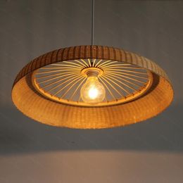 Bamboo Wicker Rattan Ring Shade Pendant Lamps Fixture Rustic Vintage Primitive Hanging Design Restaurant E27 E26 Bulb