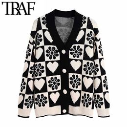 TRAF Women Fashion Jacquard Loose Knit Cardigan Sweater Vintage Long Sleeve Covered Buttons Female Outerwear Chic Tops 211103