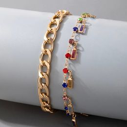 2021 Colorful Rhinestone Tassel Anklets for Women Gold Heavy Metal Thick Foot Chain Adjustable Jewelry 2pcs/sets