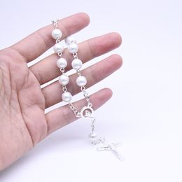 White Pearl Rosary Bracelet Cross Catholicism Gift Religious Prayer Beads Rosaries