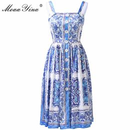 Fashion blue white porcelain print summer dress spaghetti strap front buttons slim casual dresses 210524