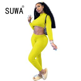 Solid Classic Fashion Tracksuit Women Sets Two Piece Outfits Knit Long Sleeve Crop Top Tunic Pants Trousers Fall Winter Clubwear 210525