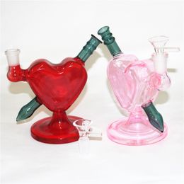 Heart shape glass water pipes bongs hookahs pink red color dab rigs with 14mm slide bowls ash catchers nectar quartz tips