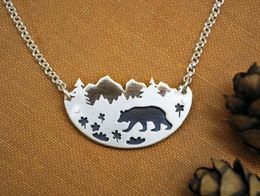 Black Bear in Wildflower Meadow Pendant Necklace Trees Charm Necklaces for Women Female Fashion Wedding Jewellery Accessories